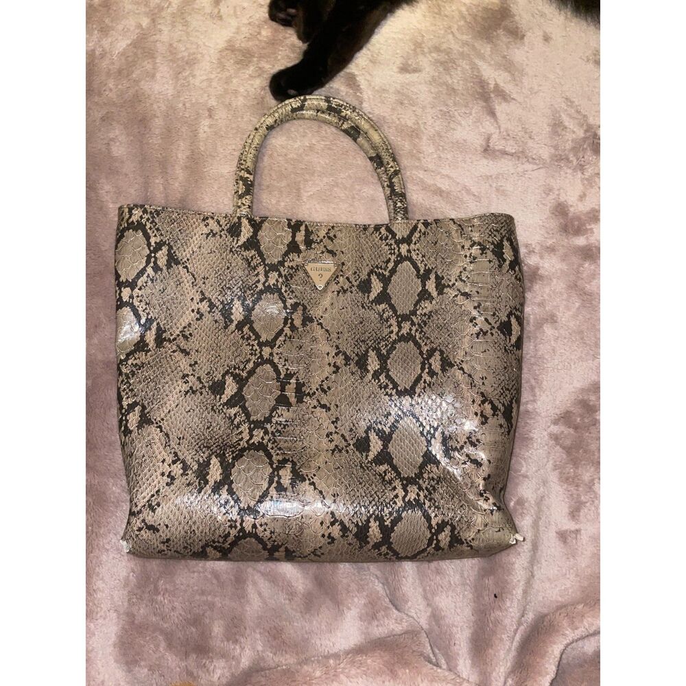 Vintage Guess Faux Snakeskin Tote Bag Brown Neutral Python Print Shoulder Purse